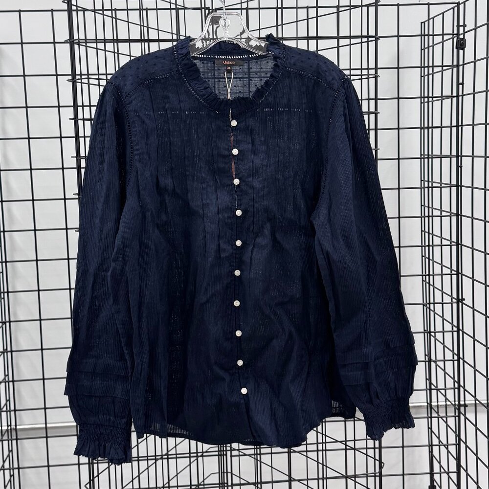Quince Navy Women's Navy Organic Cotton Pintuck Button Blouse Size XL NWT
